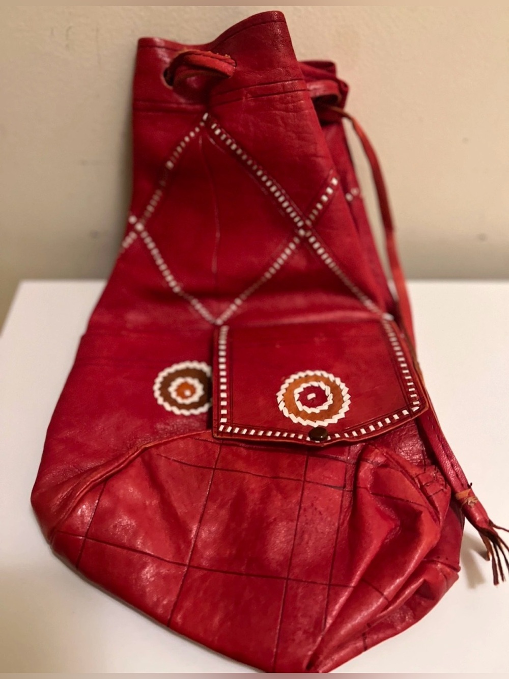 Red Leather Drawstring Shoulder Bag